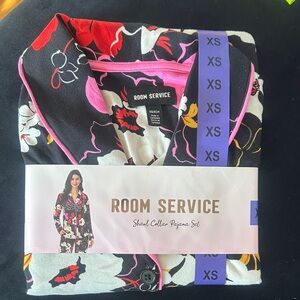 Room Service Women's Shawl Collar Pajama Set - Black and Pink Floral
